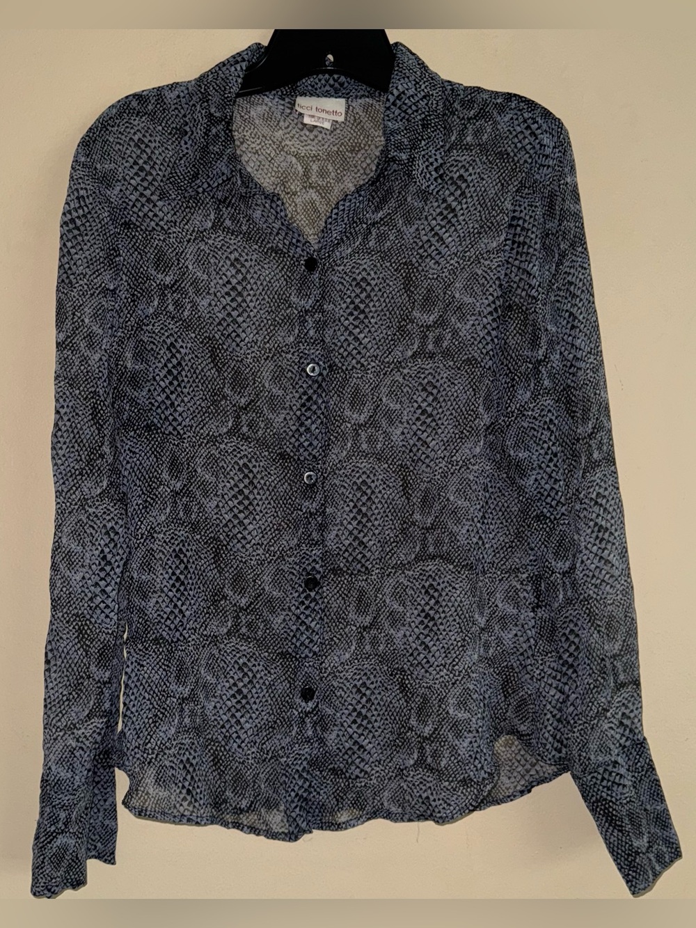 Vintage Ticci Tonetto Blue Sheer 100% Silk Snakeskin Button Down Shirt Size L